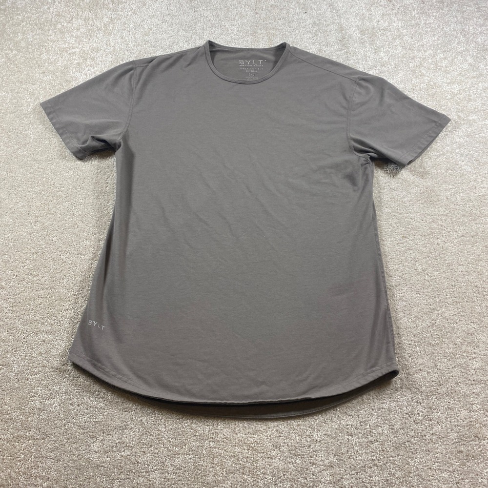 BYLT Drop Cut Short Sleeve Shirt Mens Large Olive Taupe Curved Hem Athletic Tee